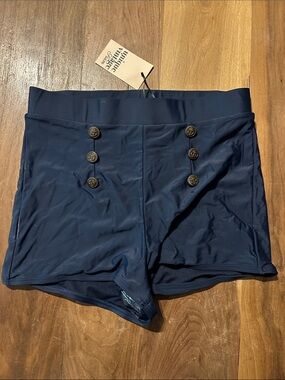 Unique Vintage Navy Sailor-Inspired High Waist Swim Shorts